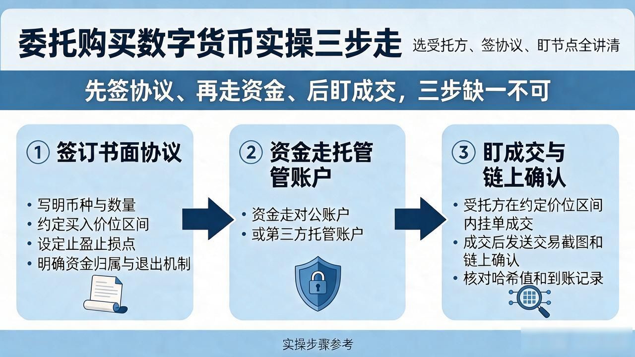 第一次委托购买数字货币怎么操作？选受托方、签协议、盯节点全讲清
